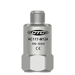 A render of a CTC AC117-M12A standard size, top exit industrial accelerometer.